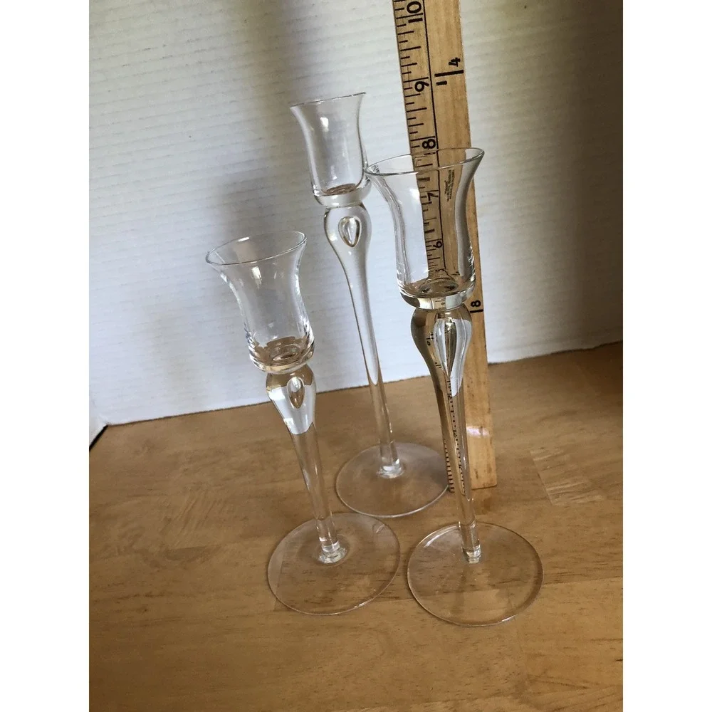Set Of 3 Long Stem Clear Glass Graduated Hight Tapered Candle Holders